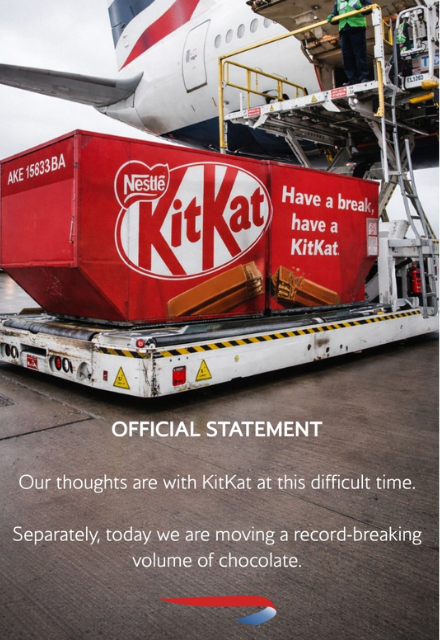 British Airways social media response to the KitKat theft story, joining the brand banter on Twitter/X, March 2026