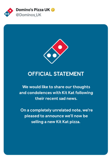 Domino's Pizza social media response joining the KitKat theft brand banter conversation, March 2026