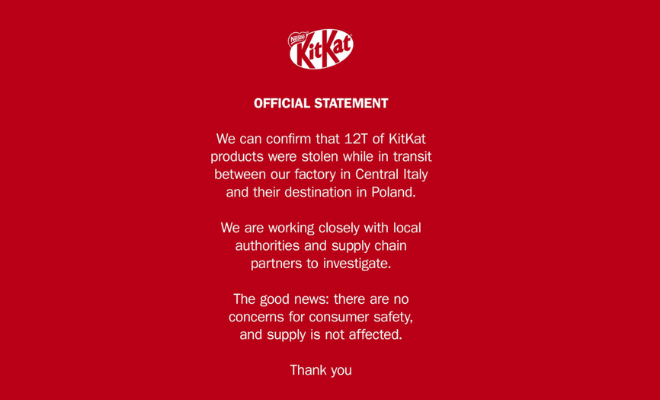 KitKat's official social media response to the theft of 413,000 KitKat bars in transit from Italy to Poland, March 2026