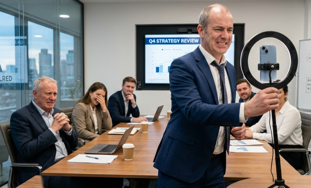 Executive awkwardly filming a TikTok in a boardroom