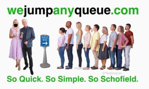 We Jump Any Queue — the WeBuyAnyCar meme that emerged after Phillip Schofield and Holly Willoughby were accused of skipping the queue to see the Queen lying in state, September 2022