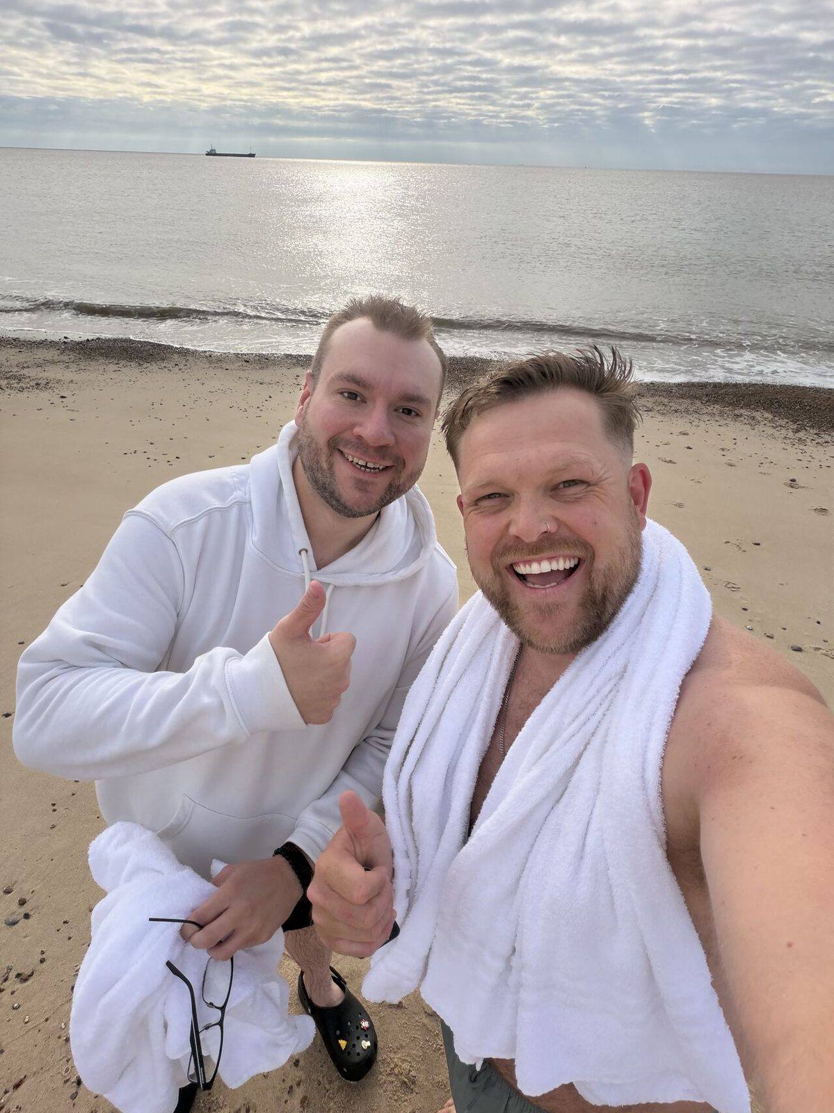 Sean Brown and Ice Bath Harry after a sea swim on the morning of Mental Wealth 2026